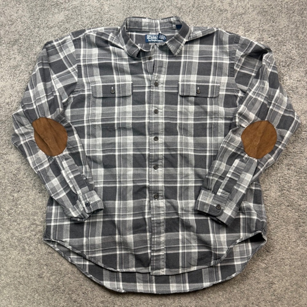Polo Ralph Lauren Vintage Flannel Shirt Grey Plaid Elbow Patches XL Outdoor Prep